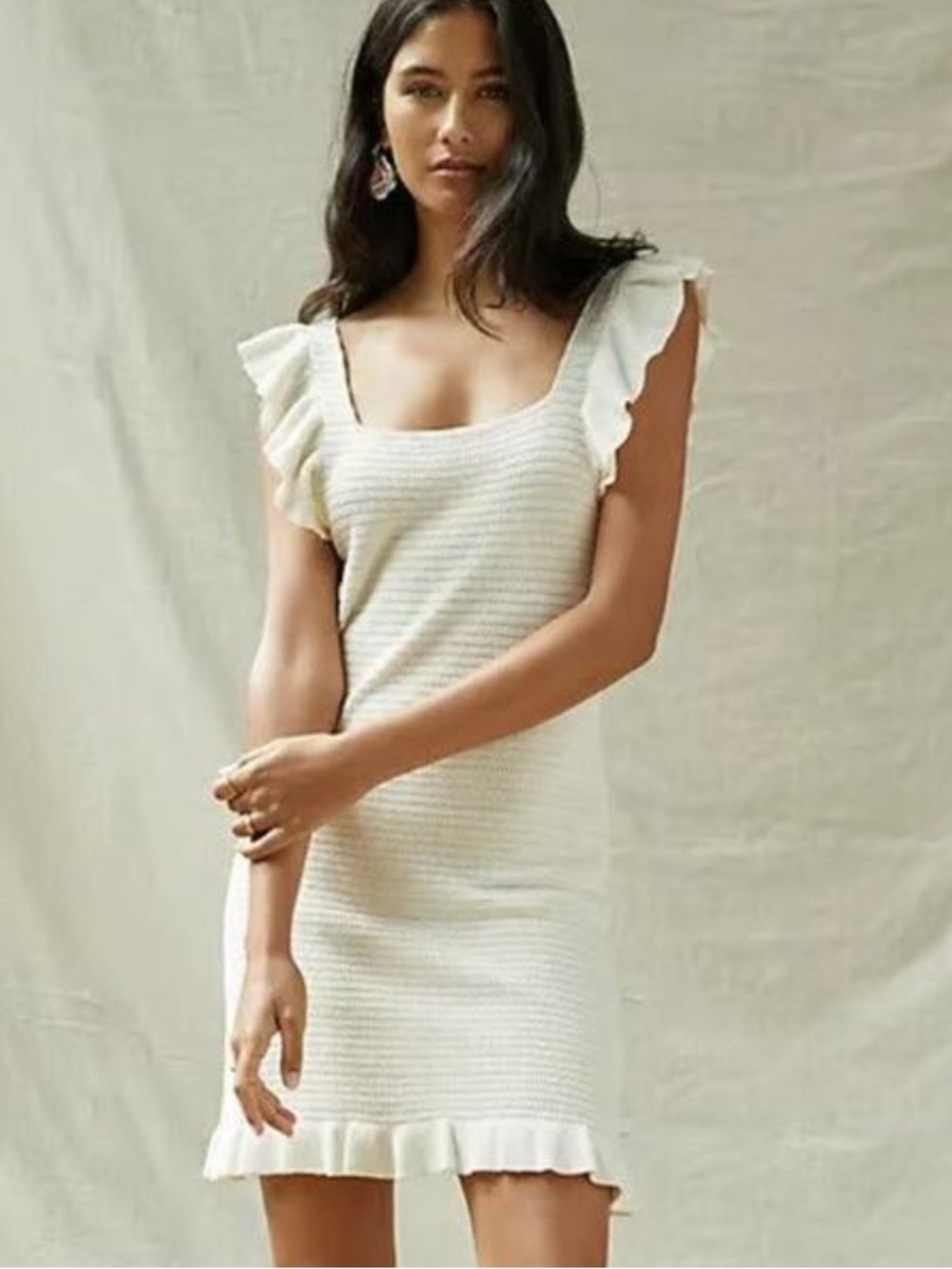 Anthropologie Pointelle Knit Ruffle Mini Dress Size Small Cream